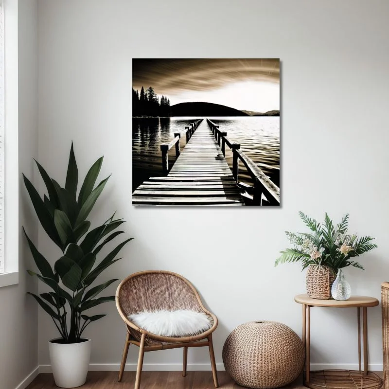 Nature's Calm: A Serene Dockside Landscape | The Stillness of the Water| A Monochromatic Dock Amidst Trees - Image 5