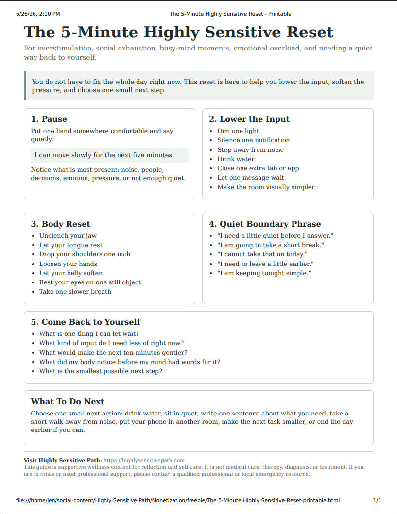 The actual one-page 5-Minute Highly Sensitive Reset printable