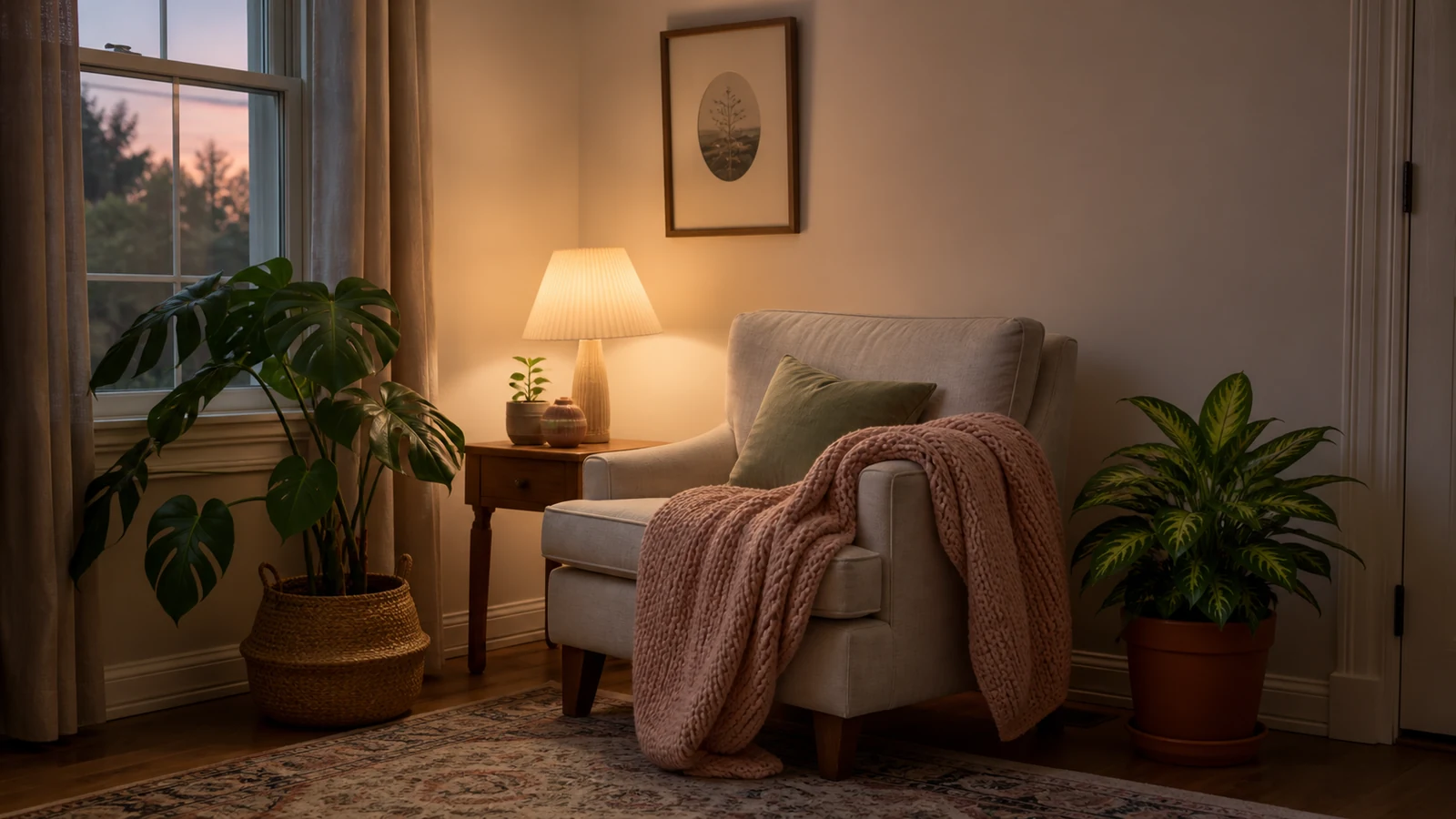 A lived-in calm corner with a chair, blanket, lamp, and plants