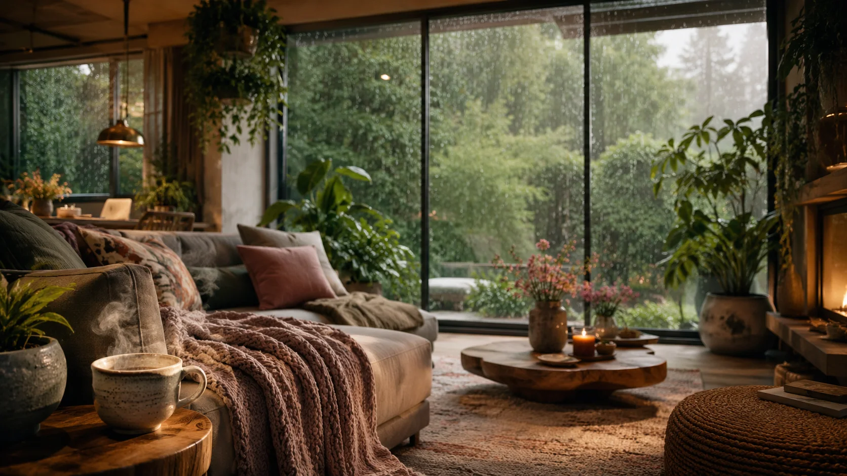 A warm quiet living room beside a rain-covered window