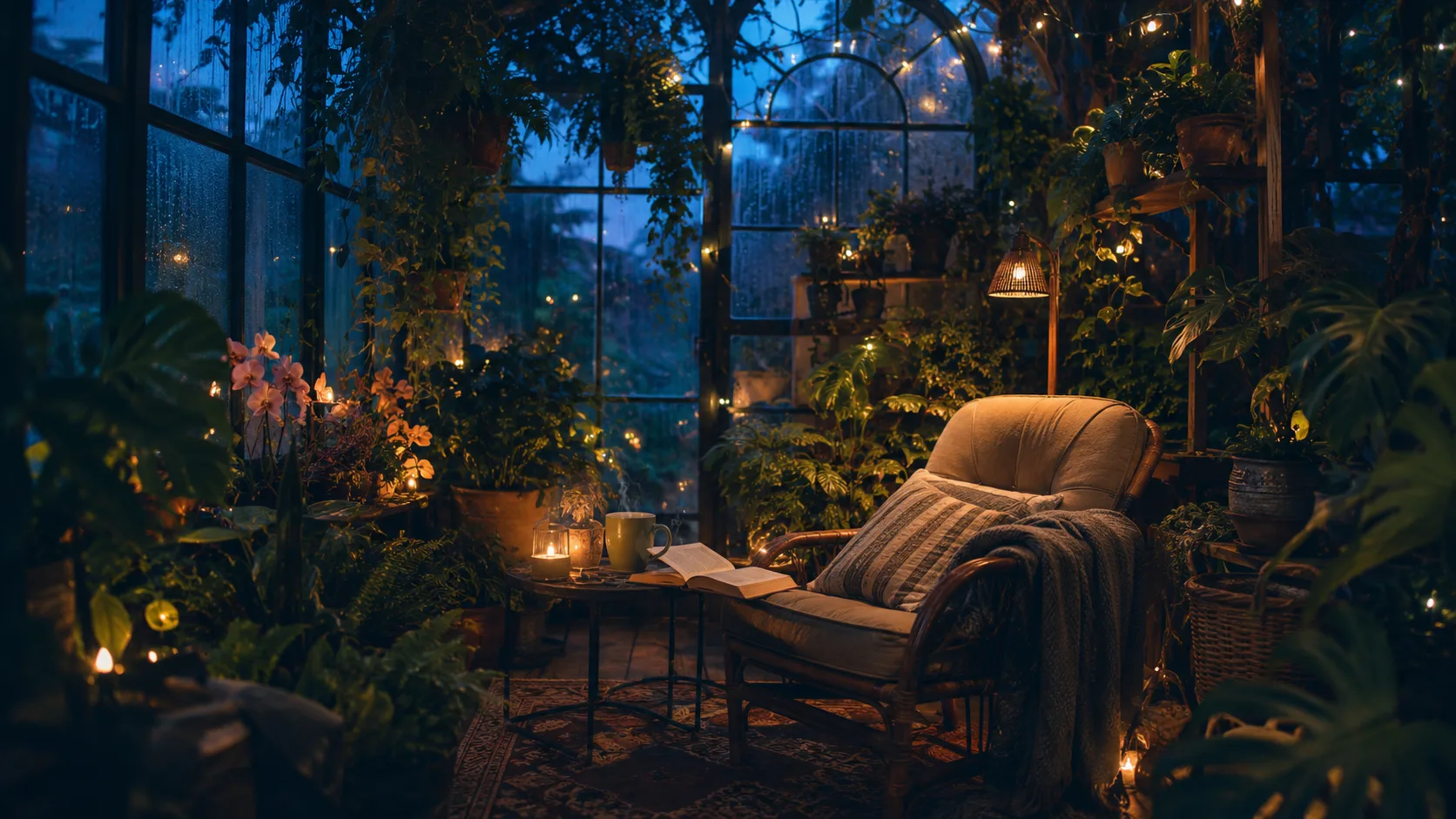 An empty chair, open book, and warm lamp beside rain-dark windows