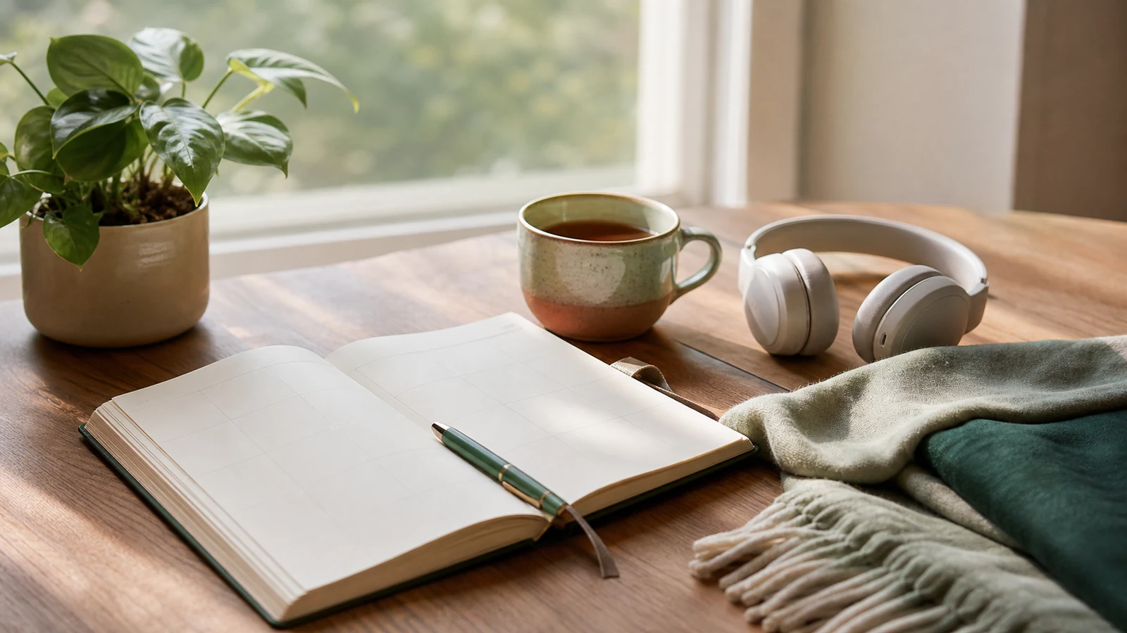 A realistic self-care planning scene with a blank planner, tea, headphones, and a scarf