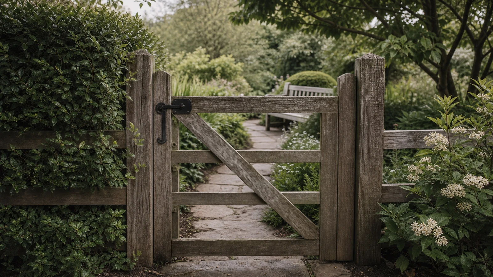 A calm closed wooden garden gate marking a peaceful boundary