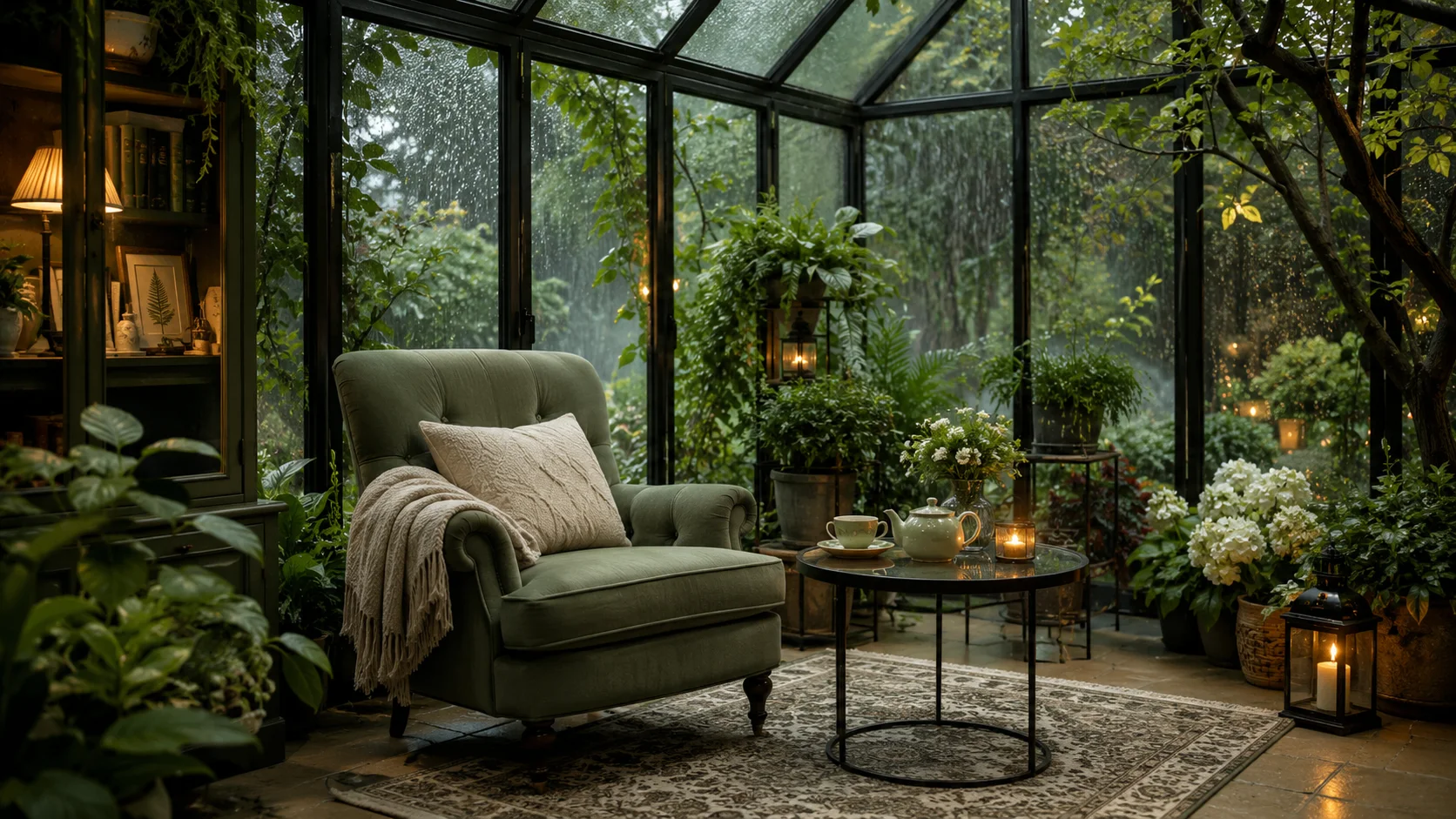 A quiet green chair, tea, and plants in a rain-lit conservatory after a social day