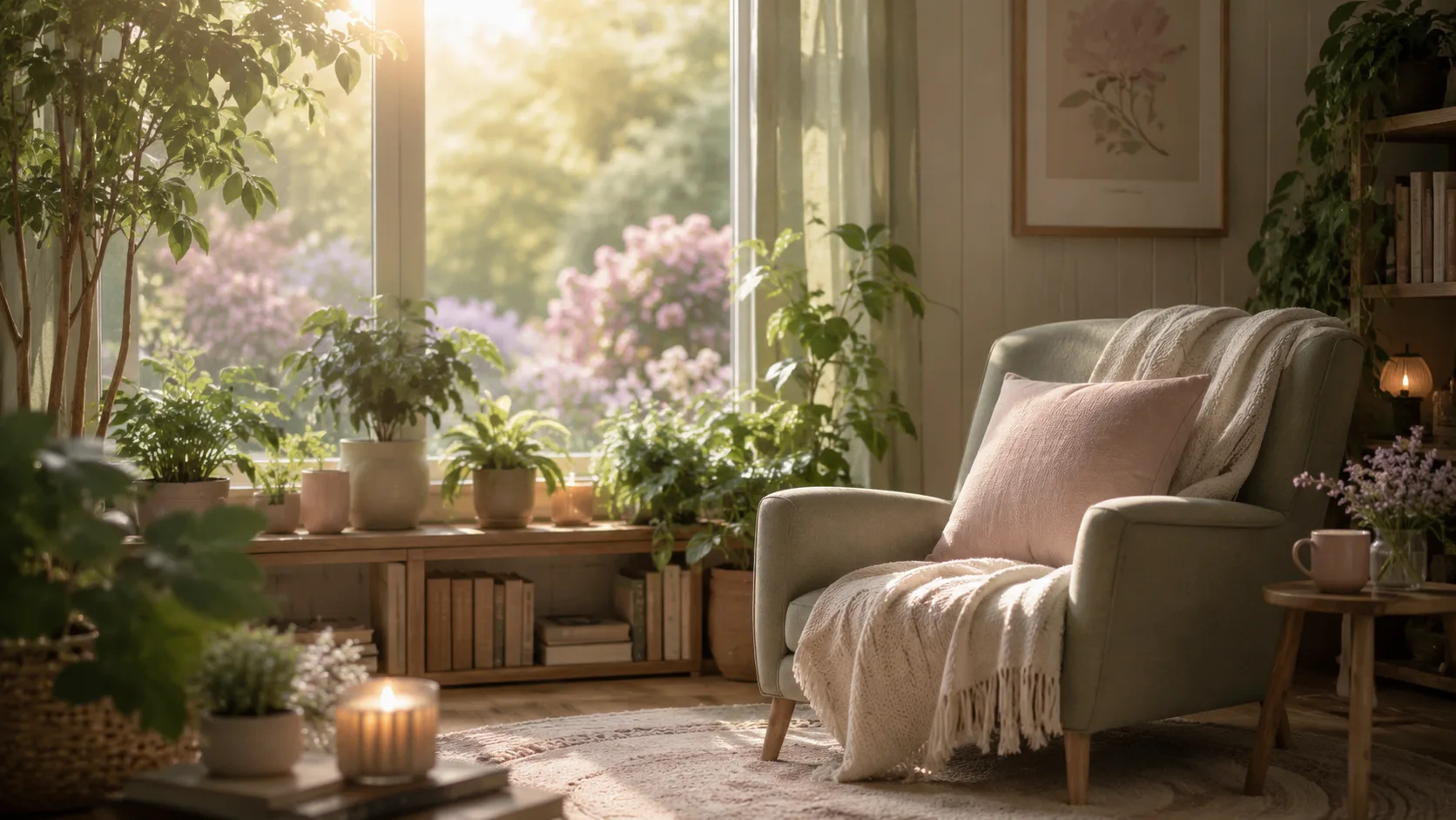 A quiet sunlit chair with a blanket, plants, and a cup ready for post-social recovery
