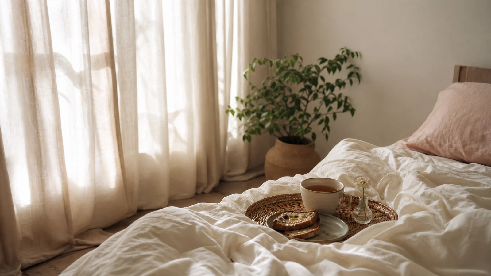 Soft morning light over tea, breakfast, plants, and gently rumpled bedding