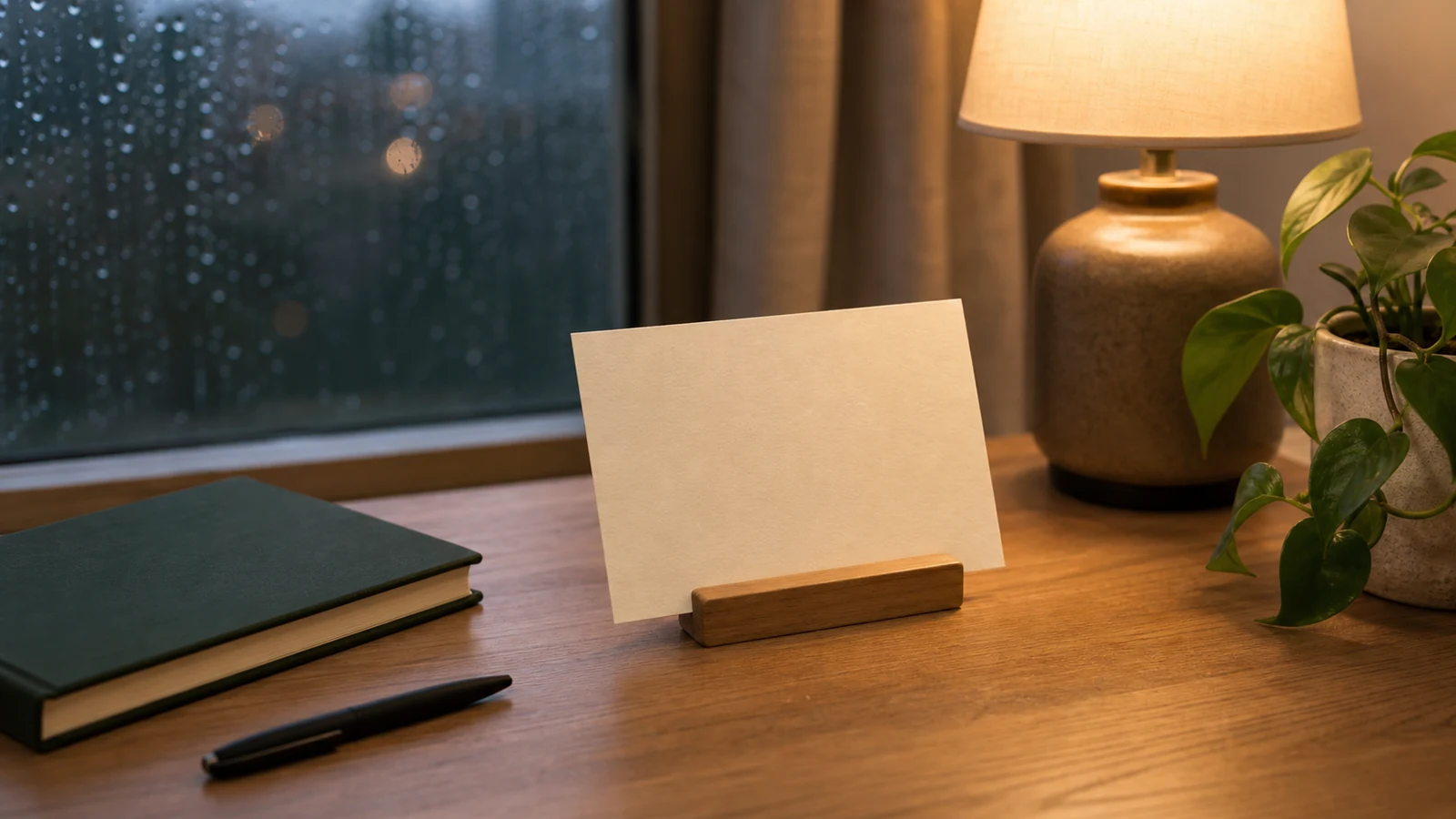 A simple reminder card beside a lamp on a desk near a rainy window