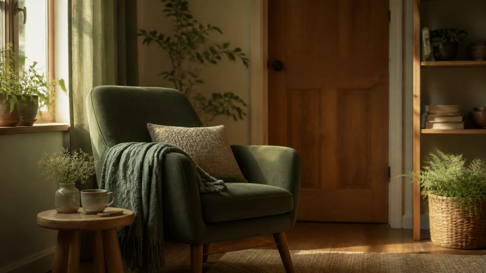 A quiet reading chair beside a closed door in a warm private corner