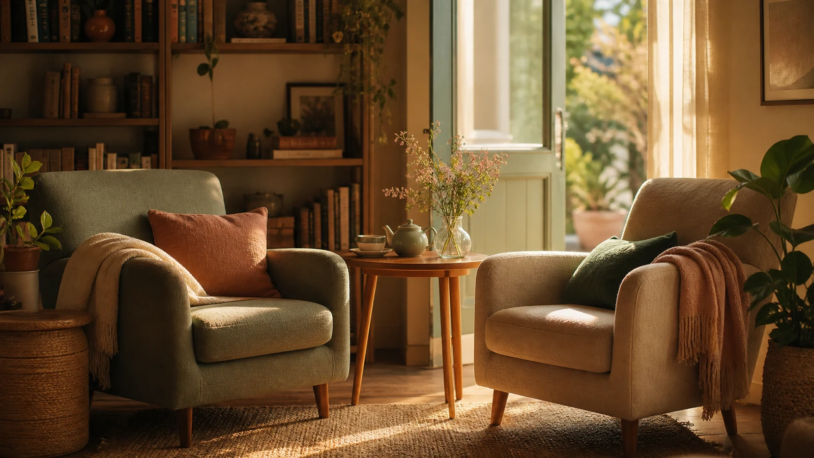 A warm welcoming room with two chairs and an open doorway